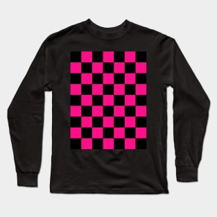 Checkered squares hot pink black geometric retro pattern Long Sleeve T-Shirt